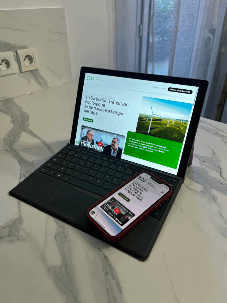 Page d’accueil du site webTransition Écologique de Bras Droit du Dirigeant, conçu et intégré par l’agence Aur&va dans le respect de la charte graphique.