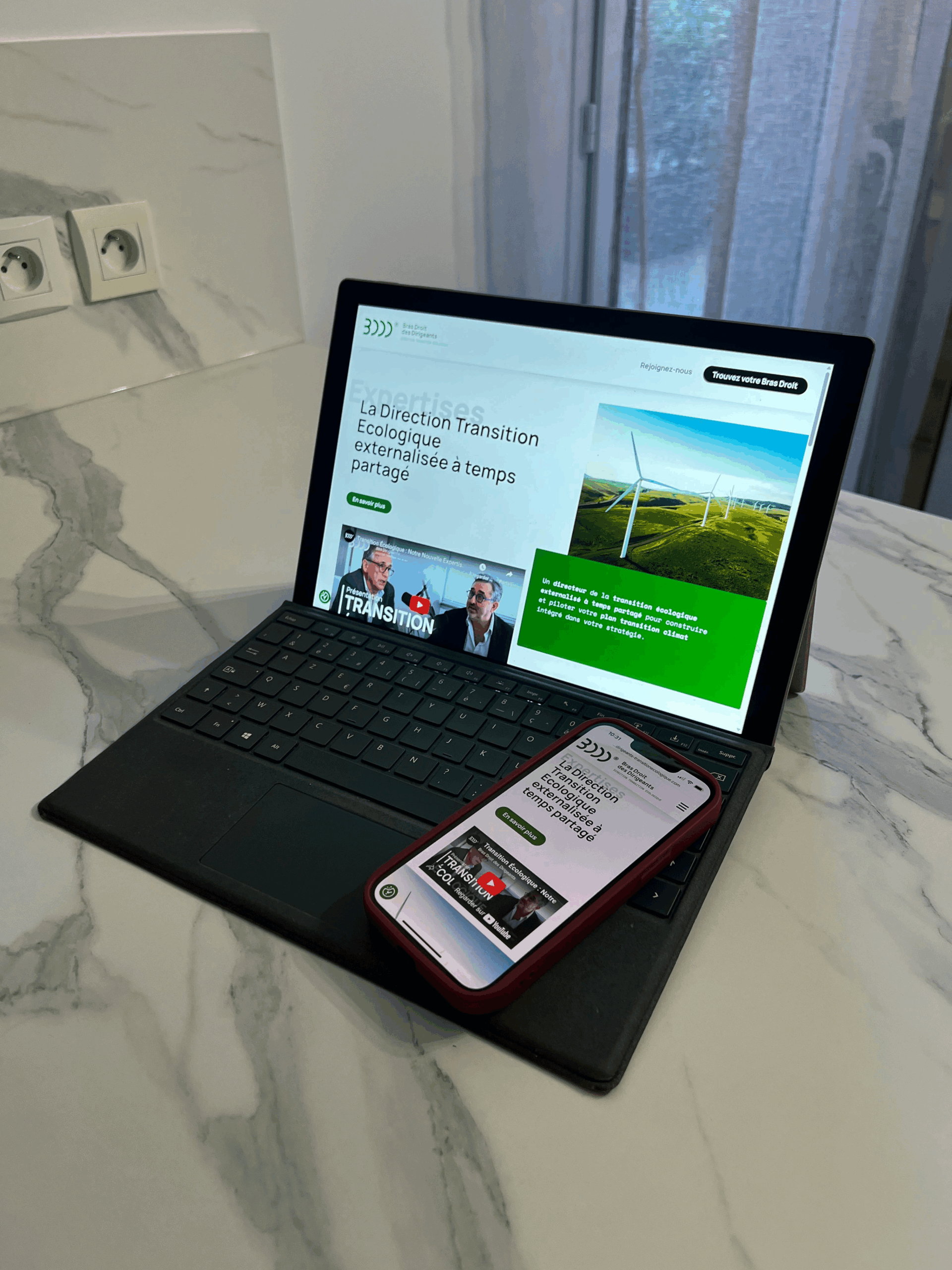 Page d’accueil du site webTransition Écologique de Bras Droit du Dirigeant, conçu et intégré par l’agence Aur&va dans le respect de la charte graphique.